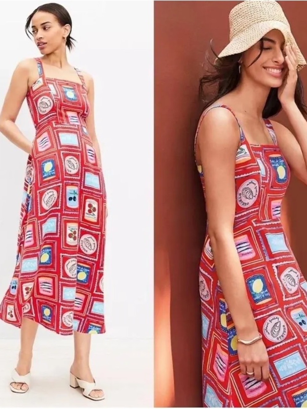 LOFT Can Print Linen Blend Strappy Midi dress in tomato red